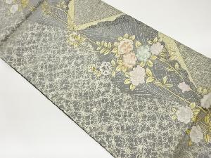 草花に曲線・幾何学模様織出し袋帯